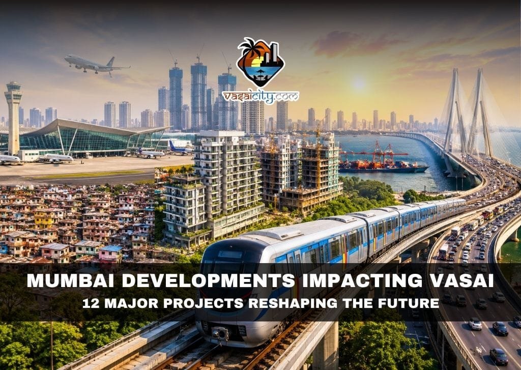 Mumbai Developments Impacting Vasai Mumbai Developments Impacting Vasai showing metro trains, Atal Setu, Navi Mumbai Airport and modern city skyline