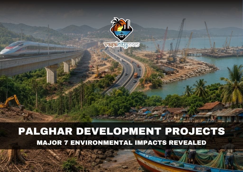 Palghar Development Projects showing construction, forests, coastline, and local fishing communities in the Vasai-Talasari region