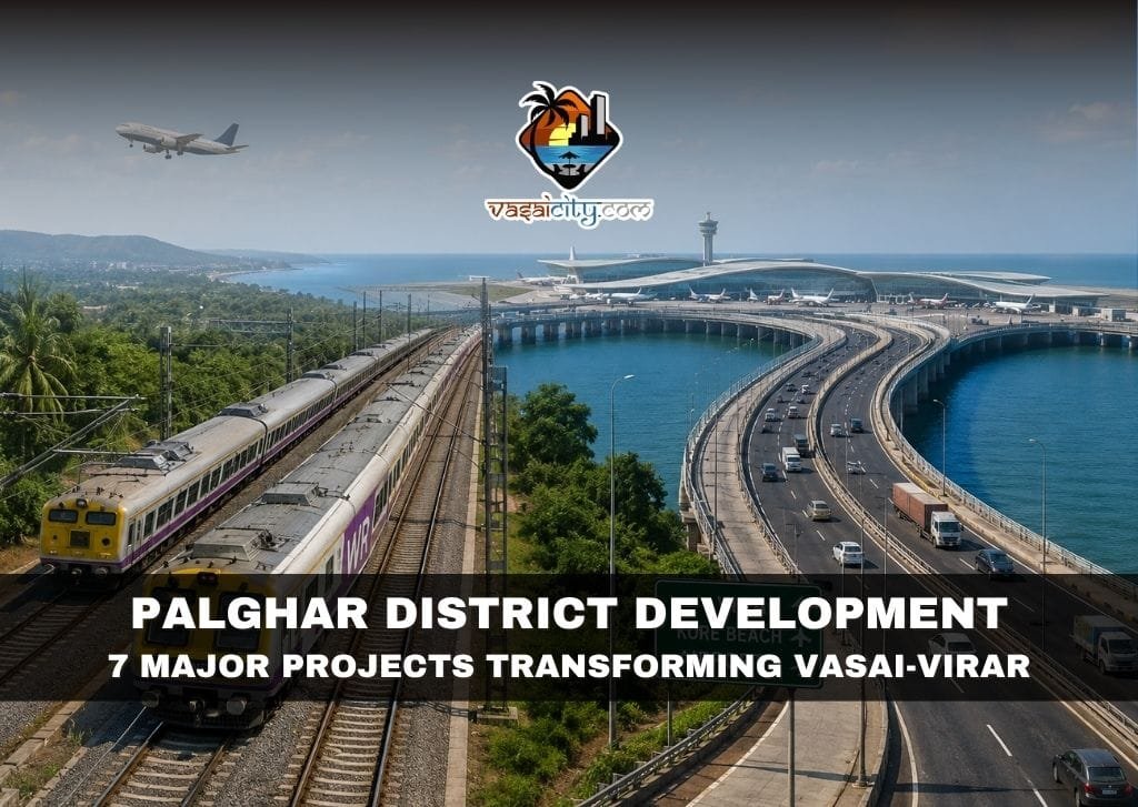 Palghar District Development showing the Virar-Dahanu railway expansion and proposed offshore airport near Kore Beach