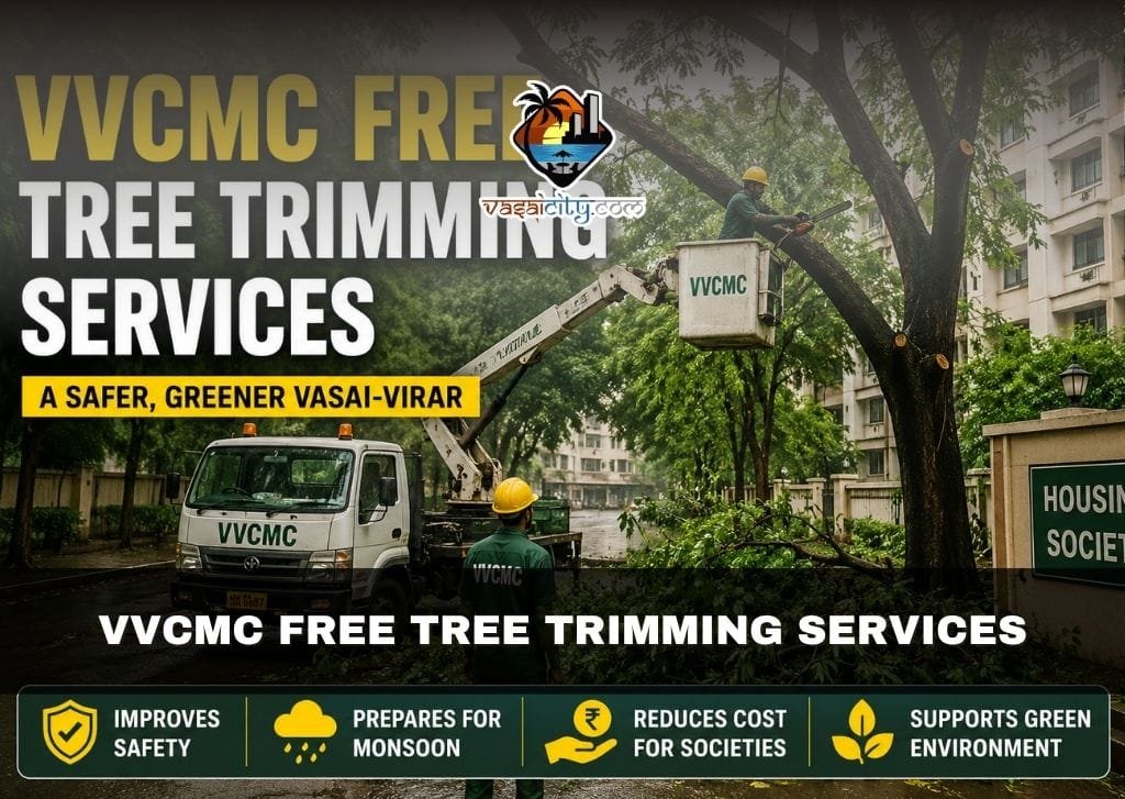 VVCMC Free Tree Trimming Services in a Vasai housing society during monsoon.