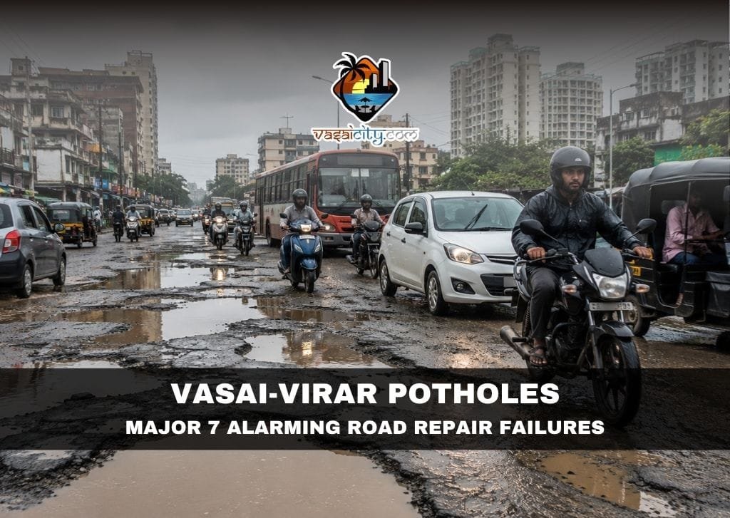 Vasai-Virar Potholes causing traffic congestion on rain-damaged road in Vasai