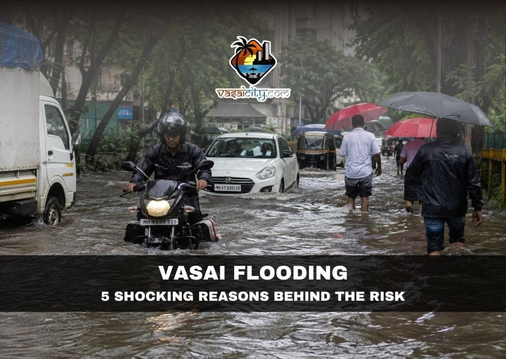Vasai flooding after heavy monsoon rainfall showing waterlogged roads and affected neighbourhoods