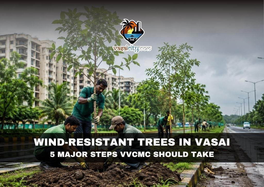 Wind-Resistant Trees in Vasai Wind-Resistant Trees in Vasai being planted by municipal workers to improve urban safety.